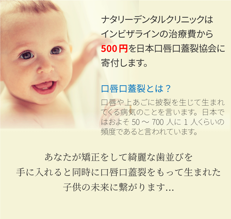 ナタリーデンタルクリニックはインビザラインの治療費から500円を日本口唇口蓋裂協会に寄付します。