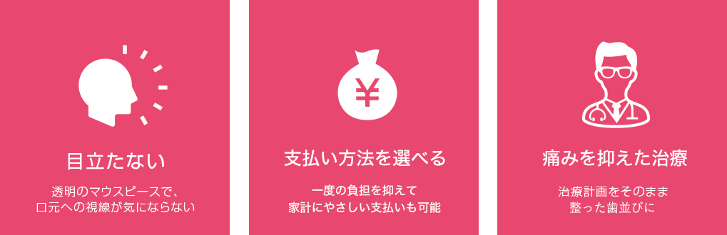 目立たない:透明のマウスピースで、口元への視線が気にならない 支払い方法を選べる:月々の支払だから一度に大きな負担がない 確実性の高い治療:治療計画をそのまま実現・理想通りの治療結果